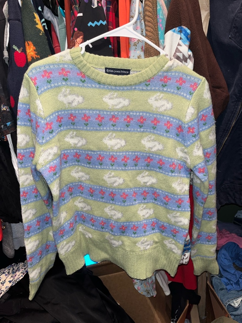 Kiel James Patrick Rabbit Cozy Patterned Crewneck Sweater in Sage, Blue & Pink